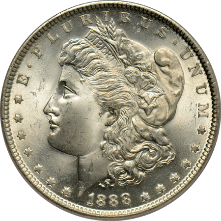 Four Morgan dollars and a Peace dollar, all certified UNC