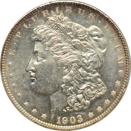 Four Morgan dollars and a Peace dollar, all certified UNC