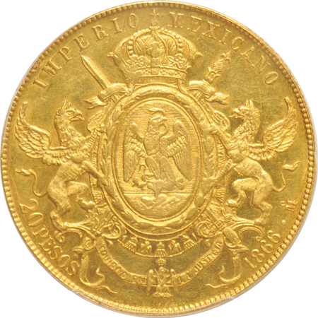 Mexico - 1866-Mo 20 Peso - PCGS UNC details/filed rims
