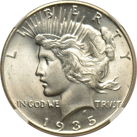 Five certified UNC Peace silver dollars