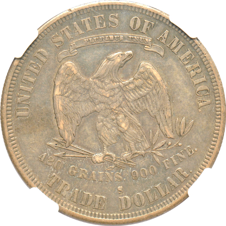 1875-S twenty-cent piece PCGS AU-55, and an 1878-S Trade dollar NGC XF-40