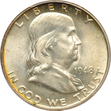 Four Franklin half-dollars certified MS-65FBL by PCGS