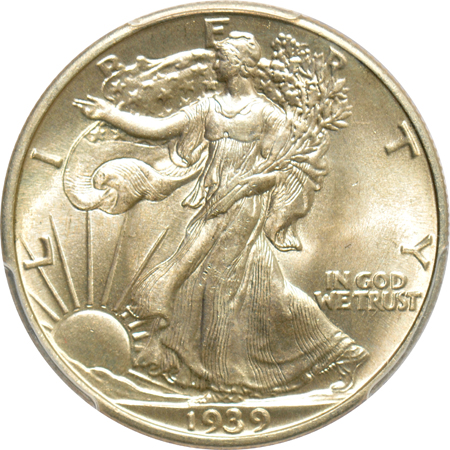 1831 half-dime AU-58, 1939 Walking Liberty half-dollar MS-64, and a 1902 Morgan silver dollar GENUINE, all PCGS