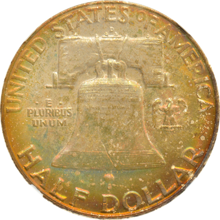 Two Franklin half dollars and two Jefferson nickels, all four toned and certified