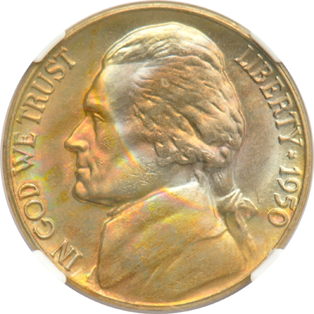 Two Franklin half dollars and two Jefferson nickels, all four toned and certified