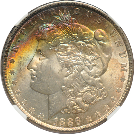 Seven certified UNC Morgan silver dollars, all toned 