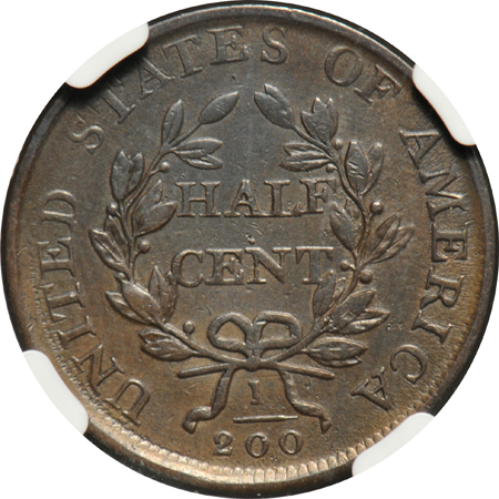 1807 half-cent C-1 XF-40 BN, and an 1818 large cent MS-62 BN, both NGC