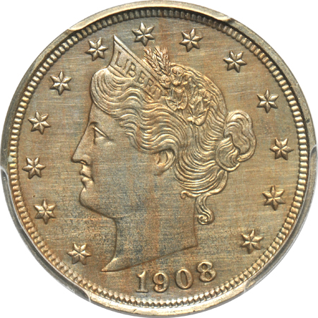 1908 Liberty nickel PR64, and a 1942 Lincoln cent PR64RD CAM, both PCGS