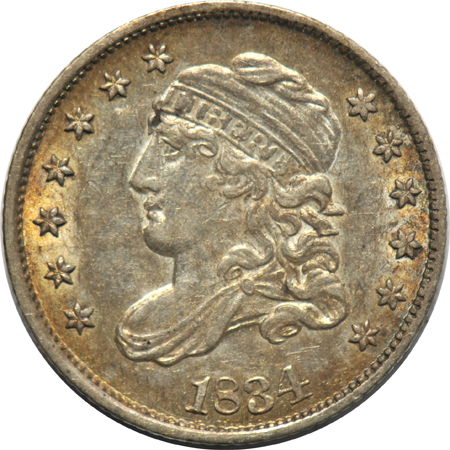 1834 Bust half-dime AU, and an 1872 Seated Liberty half-dime AU