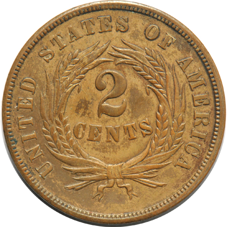 Three two-cent pieces, and two Bust dimes