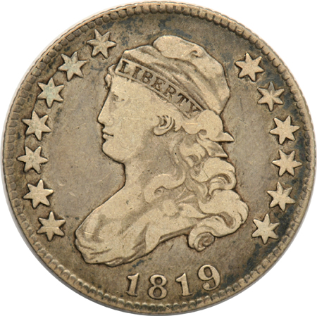 1819 quarter F, and an 1837 half-dollar AU details