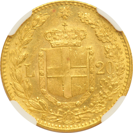 Multiple - 1882-R Italy G20L MS-62, 1901-A Germany 20M AU details/mount removed, and a 1930 Uruguay G5P MS-63, all NGC