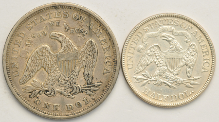 1871 Seated dollar XF details, and an 1873 Seated half-dollar AU details