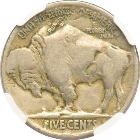 1919 Buffalo nickel, double struck, rotated in collar, NGC F-12
