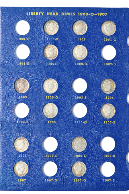 Partial collections of Barber and Mercury dimes in Whitman albums