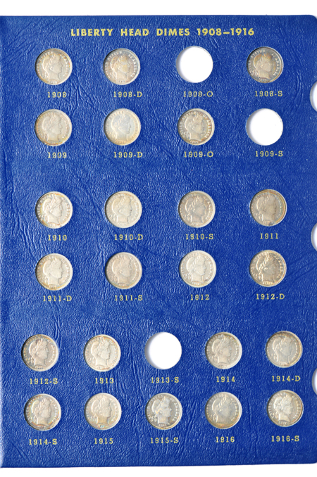 Partial collections of Barber and Mercury dimes in Whitman albums