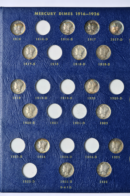 Partial collections of Barber and Mercury dimes in Whitman albums