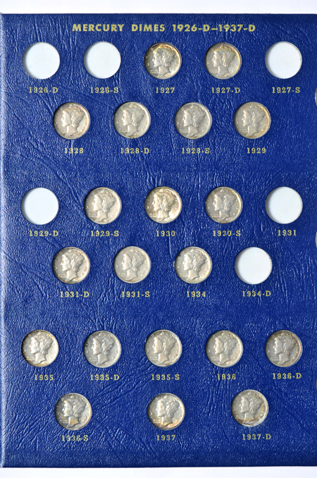 Partial collections of Barber and Mercury dimes in Whitman albums