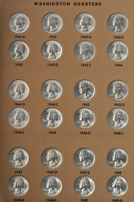 Complete collection of Washington quarters, including proof-only issues, through 1982-S, in a Dansco 7140 album