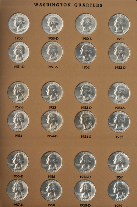 Complete collection of Washington quarters, including proof-only issues, through 1982-S, in a Dansco 7140 album