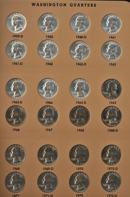 Complete collection of Washington quarters, including proof-only issues, through 1982-S, in a Dansco 7140 album