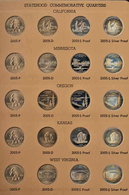Complete collection of Statehood quarters, including proof-only issues, in two Dansco albums