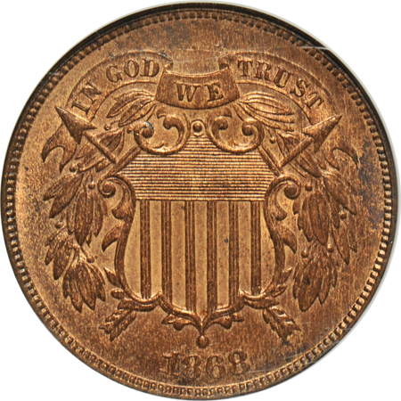 1864/1864 Large Motto AU-55 BN, and an 1868 MS-64 RB, both NGC