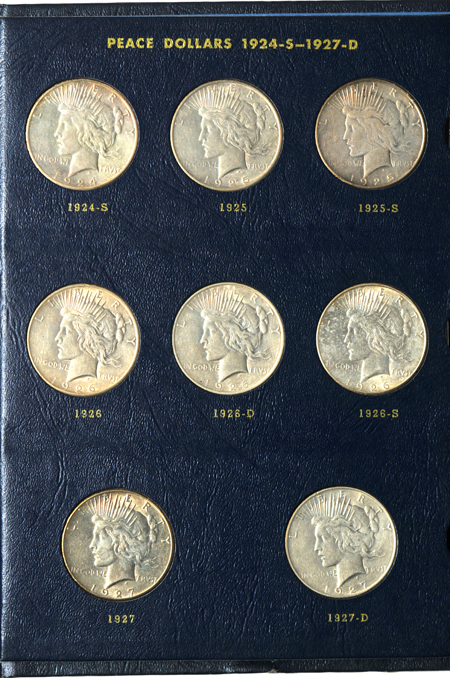 Complete collection of Peace silver dollars in a Whitman 9430 album