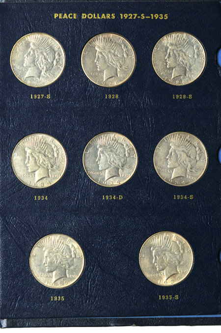 Complete collection of Peace silver dollars in a Whitman 9430 album