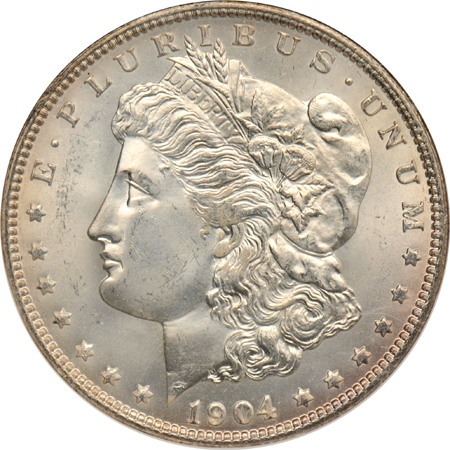 Five different Morgan silver dollars certified MS-65 by NGC