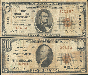 1929 $5 Type 1 - Bentonville, AR Charter #8135 - VG, plus three additional small size Arkansas National