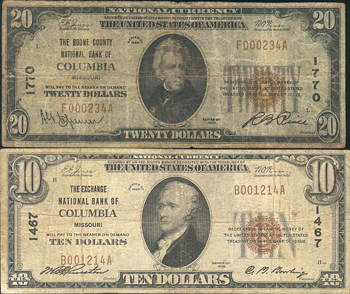 Three small size Columbia, Missouri National Bank Notes
