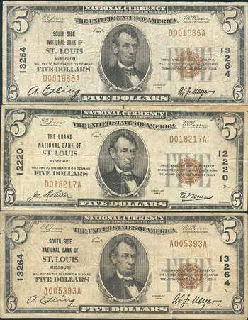 Seven St. Louis, Missouri small size National Bank Notes (three Charter 12220, four 13264)