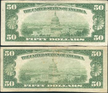 Two 1929 $50 Type 1 - East St. Louis, IL Charter #11596 - F
