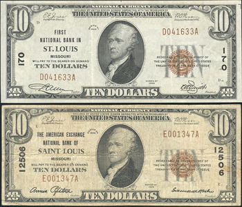 Four St. Louis, Missouri, small size National Bank Notes