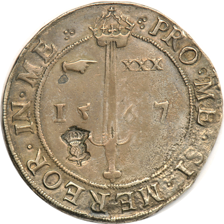 Scotland - 1567 Ryal Sword Dollar (thistle counterstamp), and a 1682 4 Merks