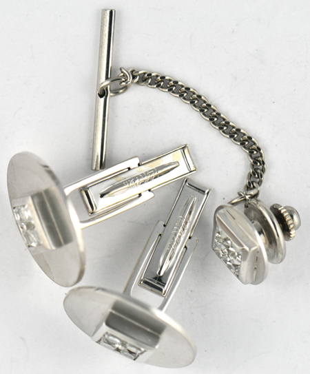 14K White Gold Cufflinks and Tie Tack Set