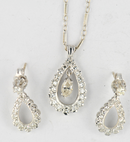 14K White Gold Diamond Pendant and Earring Set