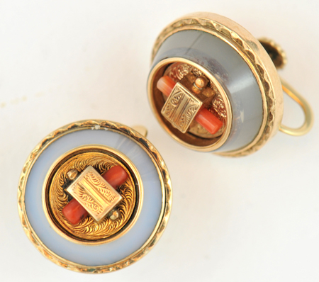 14K Yellow Gold Coral and Agate Victorian Set