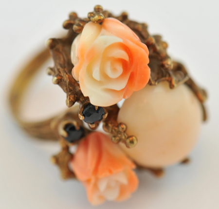 Group of 14K Yellow Gold Coral Jewelry