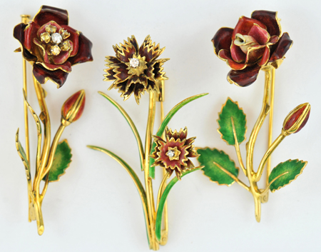 Three 18K Flower Pins