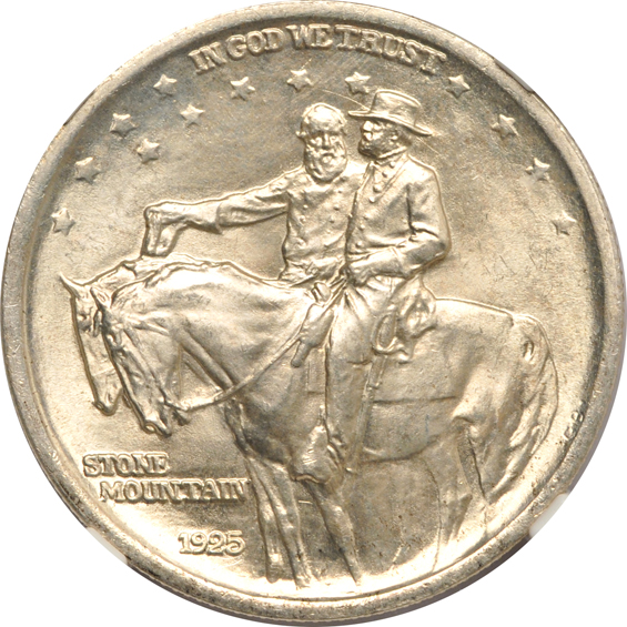 1923-S Monroe MS-62, 1925 Stone Mountain MS-66, and a 1938 New Rochelle MS-65, all NGC CAC