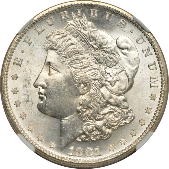 Five Uncirculated Morgan silver dollars certified by NGC, all CAC