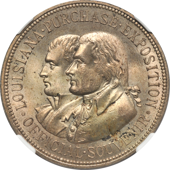 Three 1904 Louisiana Purchase Expo Official Souvenir Medals, all NGC.  Silver, Copper, and Yellow Bronze