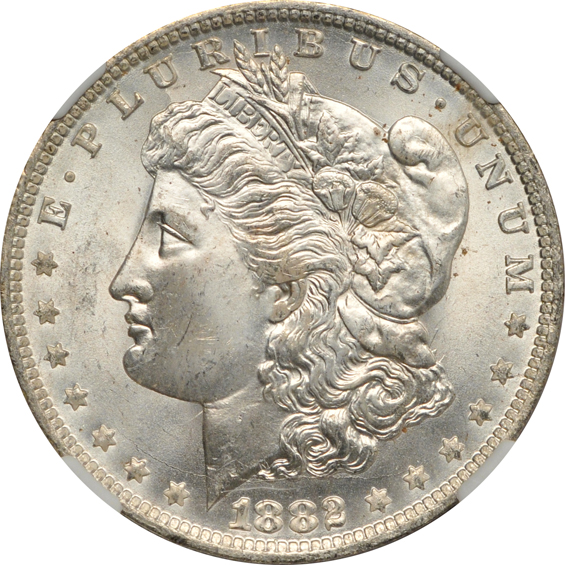 Four Uncirculated Morgan silver dollars certified by NGC, all CAC