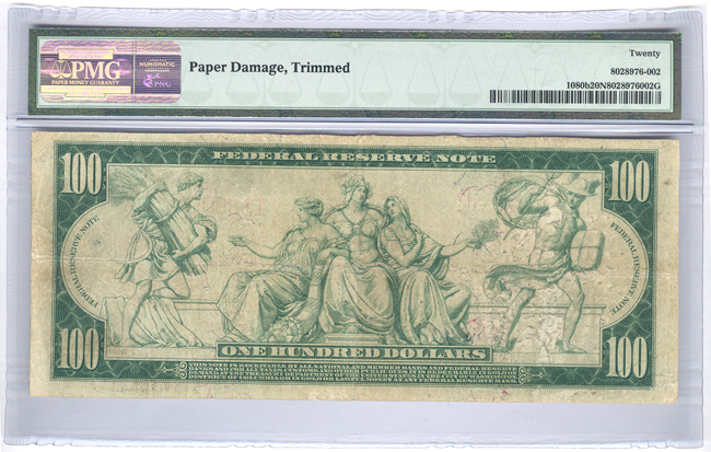 1914 $100 Minneapolis Red Seal Fr# 1080b - PMG net VF-20/paper damage, trimmed