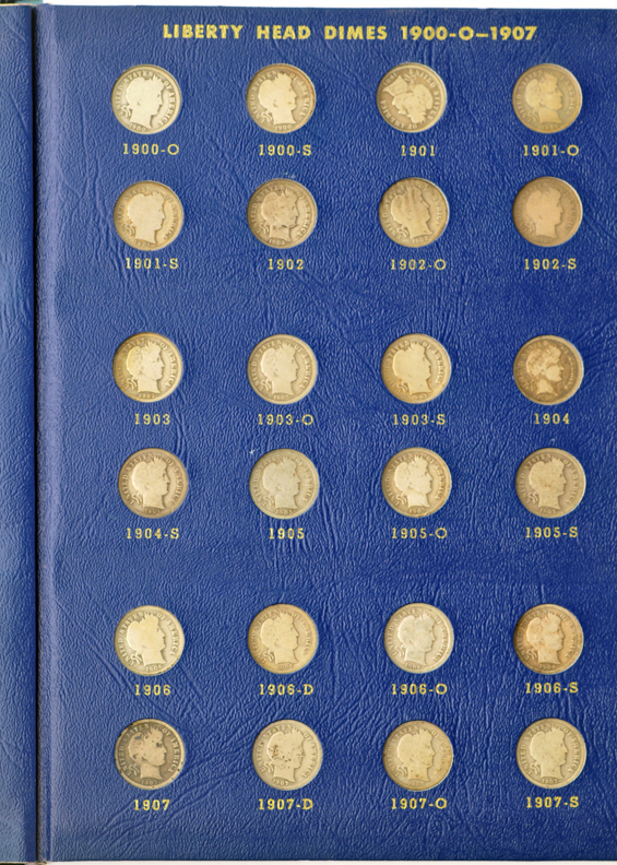 Complete collection of Barber dimes in a Whitman 9412 album