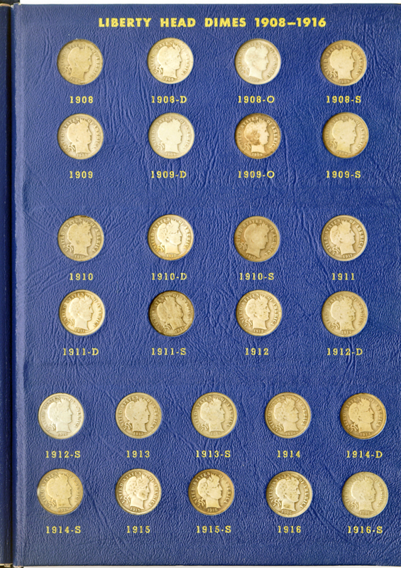 Complete collection of Barber dimes in a Whitman 9412 album