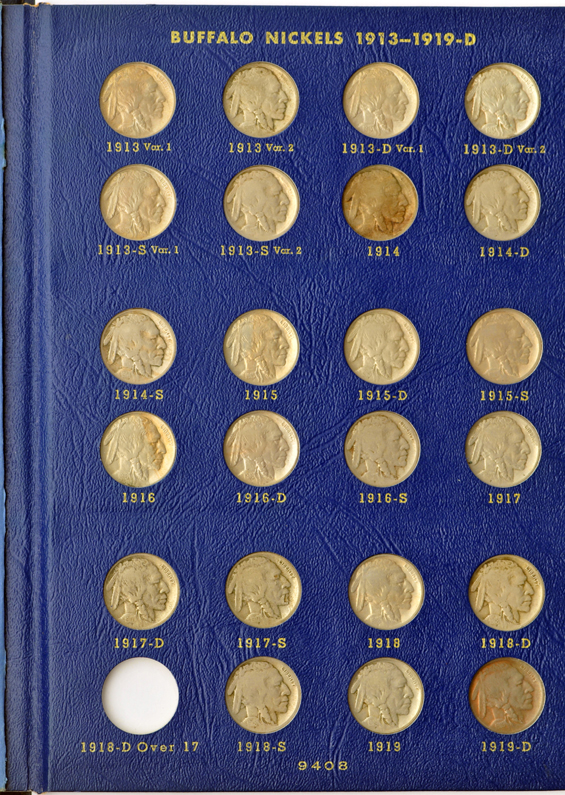 Three-legged Buffalo nickel, plus a complete collection of Liberty nickels, and nearly complete collection of Buffalo nickels