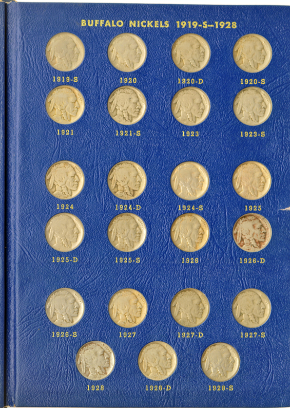 Three-legged Buffalo nickel, plus a complete collection of Liberty nickels, and nearly complete collection of Buffalo nickels